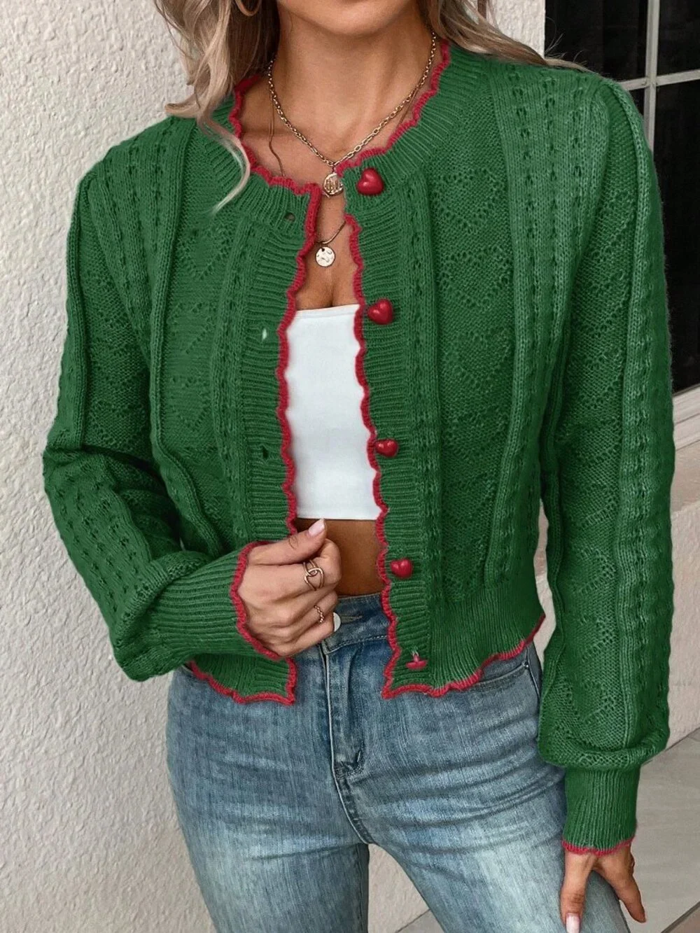 Green Casual Women's Contrast Trim Front Button Long Sleeve Cardigan